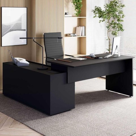 Mesa de Escritório em L Diretor Moderno 3 Gavetas MDF-MDP 180cm Preto F5 Office