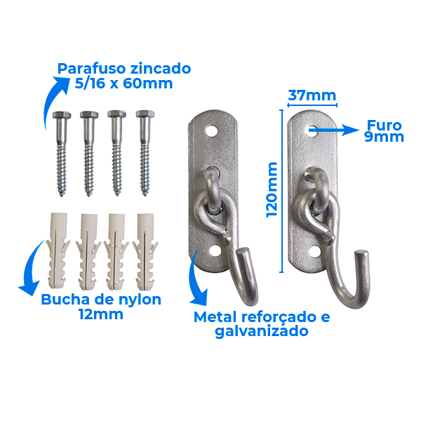 Kit Com 2 Ganchos Reforçados Para Rede C/ Parafusos E Buchas