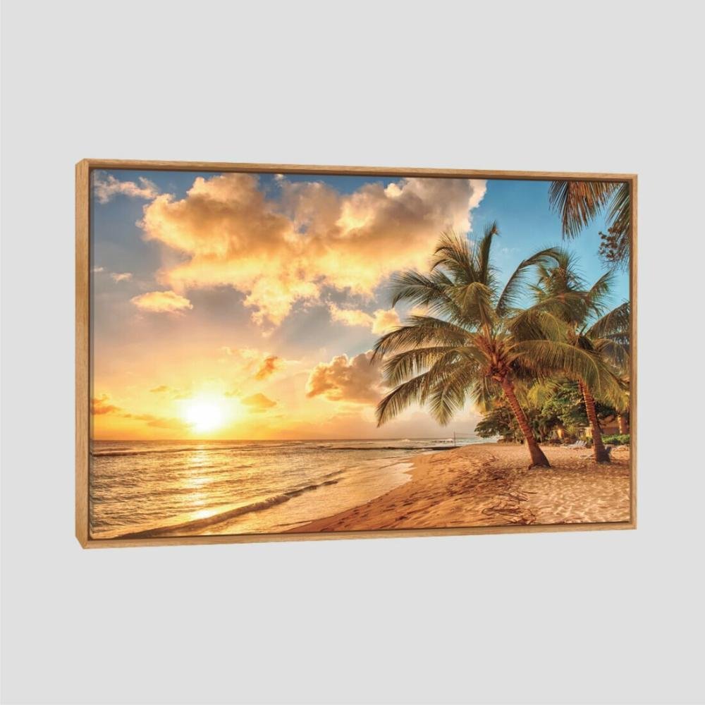 Quadro Praia E Sol Tela Moldura Bege 120X80Cm