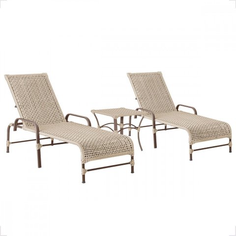 2 Cadeiras Espreguiçadeiras Piscina Corda Náutica Catar e Mesa de Centro em Alumínio Trama Orignal