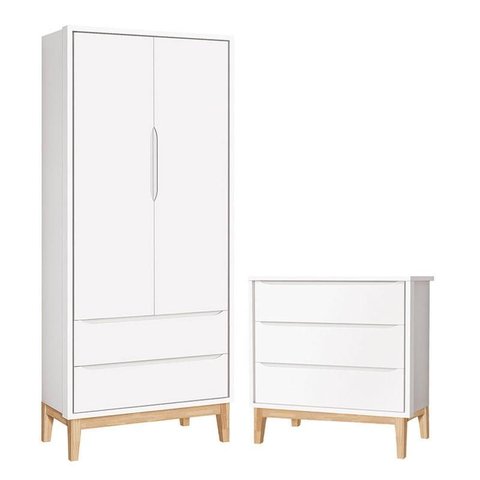 Cômoda Gaveteiro e Guarda Roupa Infantil 2 Portas New Classic Branco com Pés Madeira Natural – Relle
