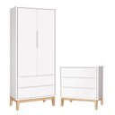Ver imagem 1 de Cômoda Gaveteiro e Guarda Roupa Infantil 2 Portas New Classic Branco com Pés Madeira Natural – Relle