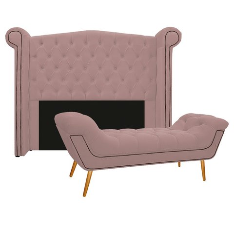 Kit Cabeceira 195 cm Suede + Calçadeira Madrid Rosê