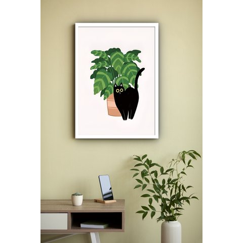 Quadro Decorativo Gato Preto Vaso de Planta - 70x50cm:moldura Preta
