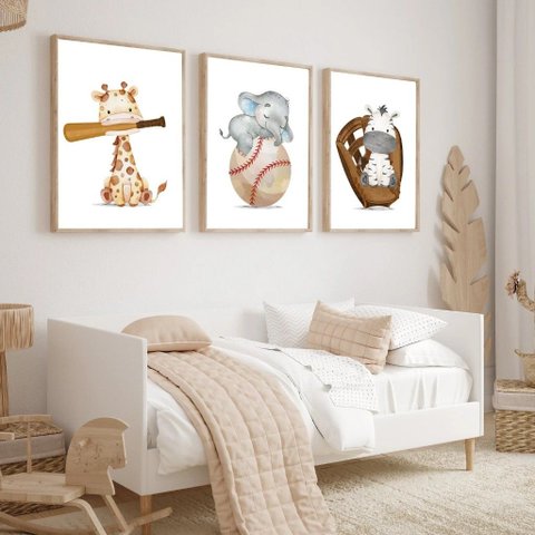 Kit 3 Quadros Decorativos Infantil - Safari Esportistas Nos - 30x40 - Moldura Madeira