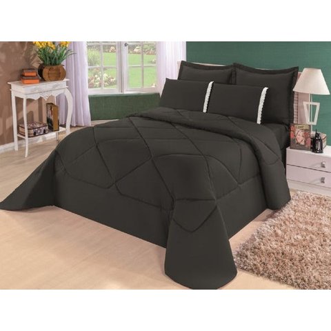 Kit Edredom + Lençol Aconchego Dupla Face Casal Queen 6 Pçs Preto