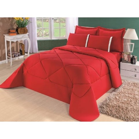 Kit Edredom + Lençol Aconchego Dupla Face Casal Queen 6 Pçs Vermelho