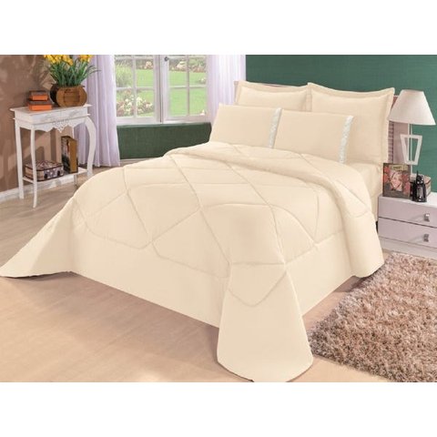 Kit Edredom Aconchego Percal 180 fios + Lençol Casal Queen 6 Peças Creme