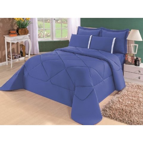 Edredom Casal Queen + Lençol Conforto Dupla Face 6pçs Azul