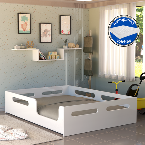 Cama Casal Baixa para Transição Berço Proteção Lateral Montessoriana com Colchão
