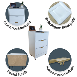 Mesa de Cabeceira Branca 40cm 3 Gavetas Mdf Quarto Gaveteiro Puxador Dourado-com Rodinhas Já Montado - 4