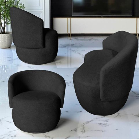 Kit Namoradeira + 2 Poltronas Decorativa Beatriz Orgânica Couro Preto