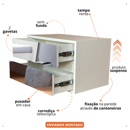 Mesa de Cabeceira Suspensa com 2 Gavetas Espelhadas 60x30x30 - 3