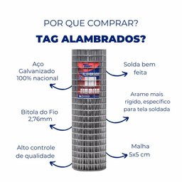 Tela Soldada Tag Malha 5,0x5,0cm Fio 2,76mm Rl 15x1,5m - 8
