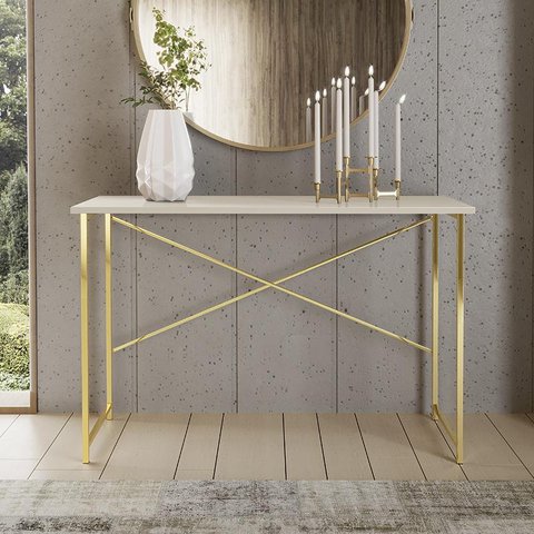 Aparador Steel 90 cm Estilo Industrial com Pés em Aço Dourado/Off White
