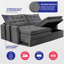 Sofá Baú sem Caixa Retrátil 2,00m Softgel Petit Boucle Cinza Escuro Cama Inbox - 3