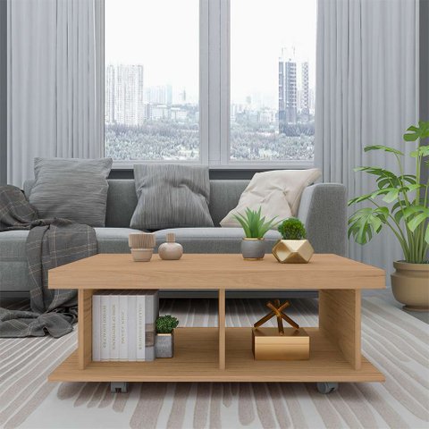 Mesa de Centro Dunas Retangular com Rodízios Cor Carvalho Artely Móveis