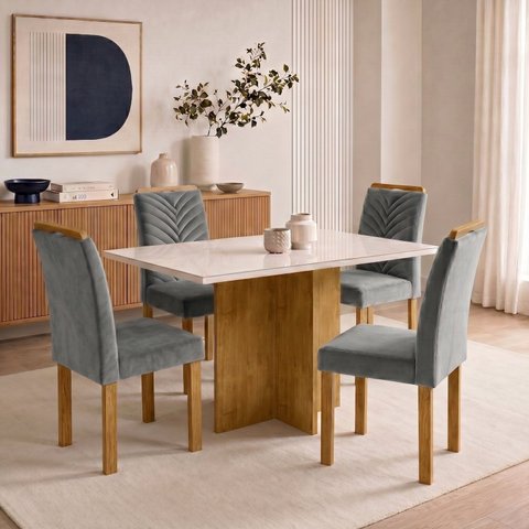 Conjunto Sala de Jantar 4 Lugares Retangular Tampo Vidro MDF 120x80cm Mesa e Cadeiras Carol