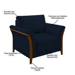 Poltrona Decorativa Sala de Estar 102cm Pés Madeira Roya M22 Veludo Azul Marinho - Mpozenato - 3 Poltrona Decorativa Sala de Estar 102cm Pés Madeira Roya M22 Veludo Azul Marinho - Mpozenato - 3
