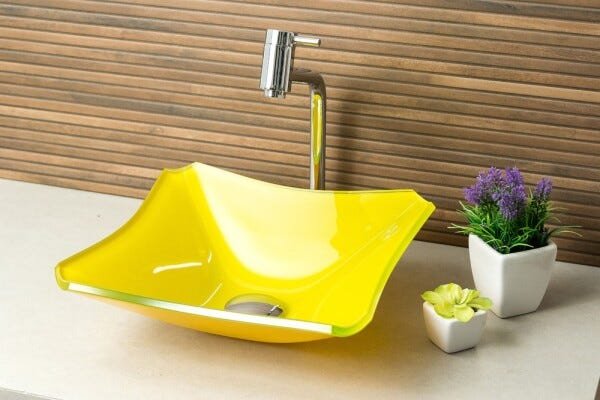 Kit Banheiro Cuba de Vidro Retrô 30 Cm + Torneira Link + Válvula Click - Amarelo - 1