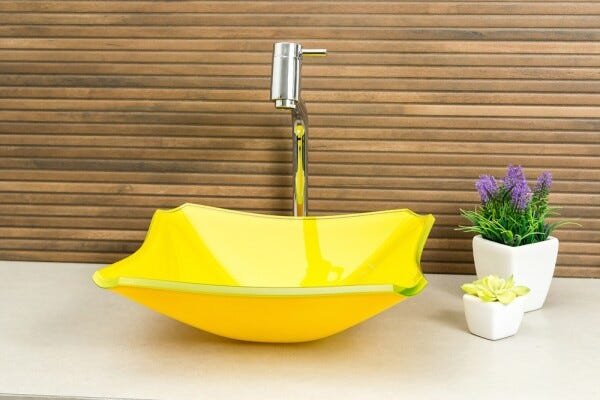 Kit Banheiro Cuba de Vidro Retrô 30 Cm + Torneira Link + Válvula Click - Amarelo - 2