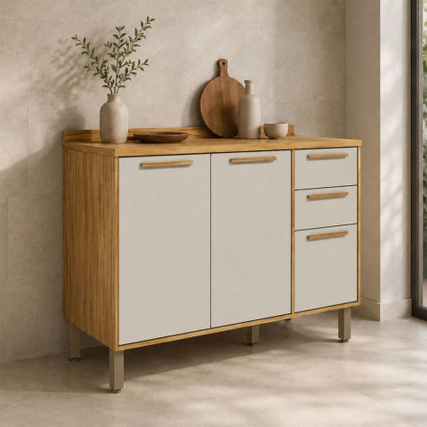 Balcão de Cozinha 120 cm Trebbiano 3 Portas 2 Gavetas 100% MDF Amêndoa/Off White - Rio Doce