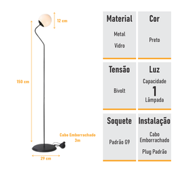 Luminária de Coluna Abajur Piso Chão Globo-koma + Lâmpada G9 220v - 4