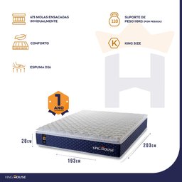 Colchão King King House Super Size Lagras 193x203x28 Azul c/ Molas Ensacadas - 3 Colchão King King House Super Size Lagras 193x203x28 Azul c/ Molas Ensacadas - 3