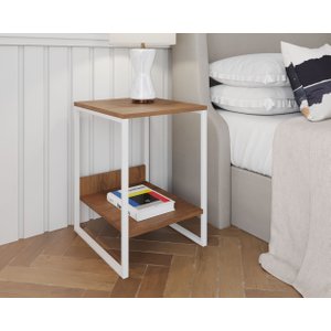 Mesa Cabeceira Industrial Tókio Base Ferro Branco Tampo Amêndoa