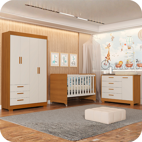 Quarto de Bebê Guarda Roupa Zaki + Cômoda Infantil 1 Porta e 4 Gavetas Areia Savana