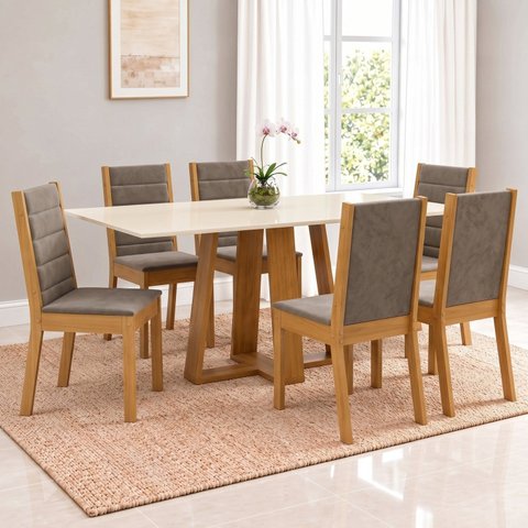 Conjunto Sala de Jantar Mesa Lisa 160cm Tampo MDF Canto Reto 6 Cadeiras Evelin