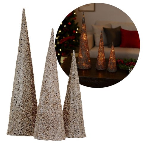 Jogo 3 Árvores Decorativas Aramadas Cone Cotton Champanhe Glitter Luxo LED Branco Quente 60cm, 50cm 