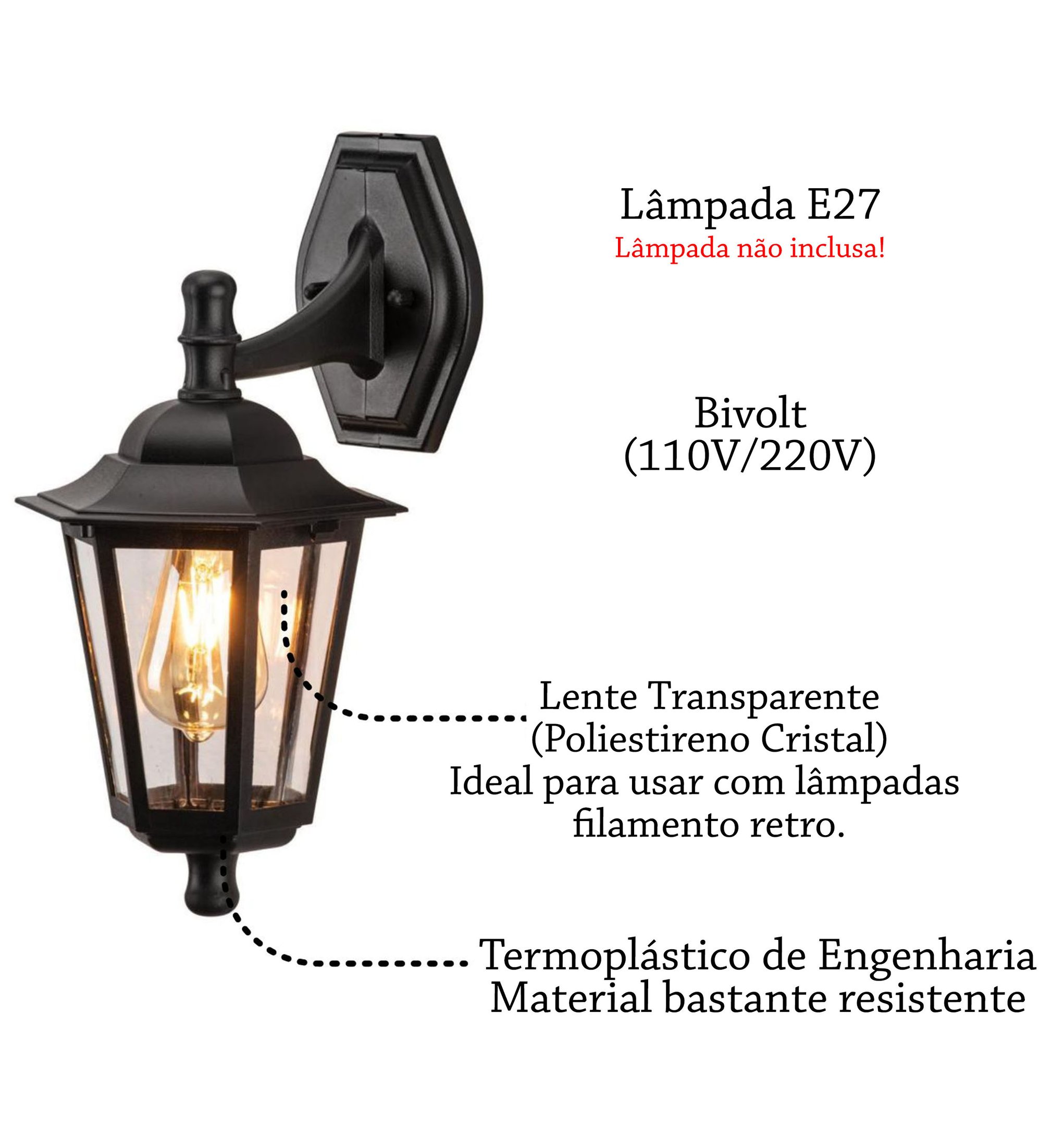 3 Arandela Colonial Retro Externo Preto Lente Transparente Fachada Lup40 - 3