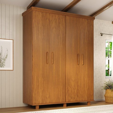 Guarda-Roupa Ibiza 4 Portas 3 Gavetas em Madeira Maciça Tauari Mogno Mel Marrom