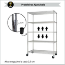 Ver imagem 4 de Estante Aço Cromado 5 Prateleiras Rack Aramado com Rodas Cor Prateado