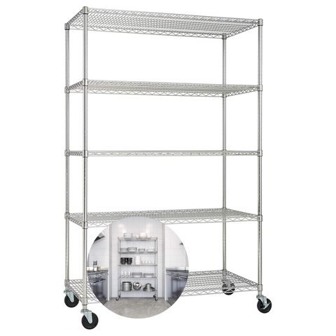 Estante Aço Cromado 5 Prateleiras Rack Aramado com Rodas Cor Prateado
