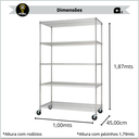 Ver imagem 3 de Estante Aço Cromado 5 Prateleiras Rack Aramado com Rodas Cor Prateado