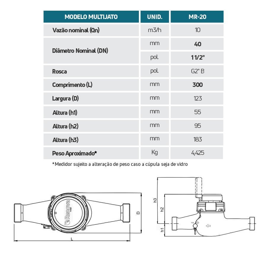 Hidrômetro Multijato 1.1/2'' 20m³/h | Range 80 Renova Medição MR 16,0M³/H DN40 - 5