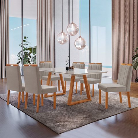 Conjunto Sala de Jantar Mesa Viena Madeira Maciça 160x90cm Tampo Retângular Vidro Off White com 6 Ca