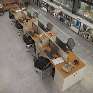 Estação de Trabalho 8 Lugares Smart Office 8 Mesas 6 Armários 1 Aparador - Off White e Cedro