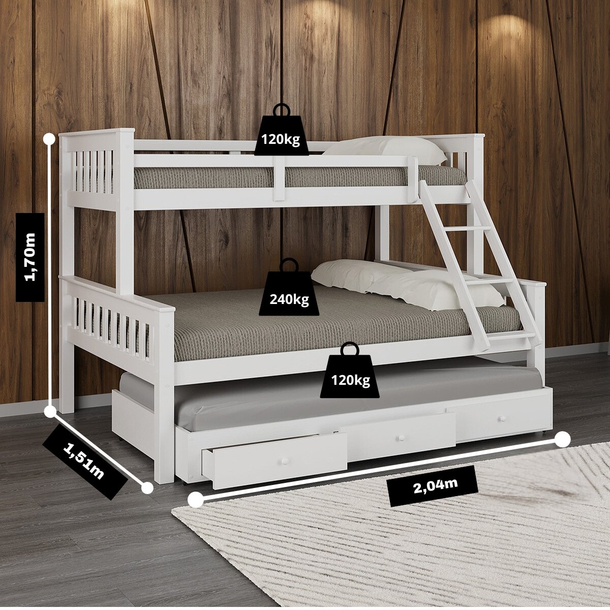 Cama Treliche Madeira com Gavetas Merk - 2 Solteiro + 1 Casal - 3