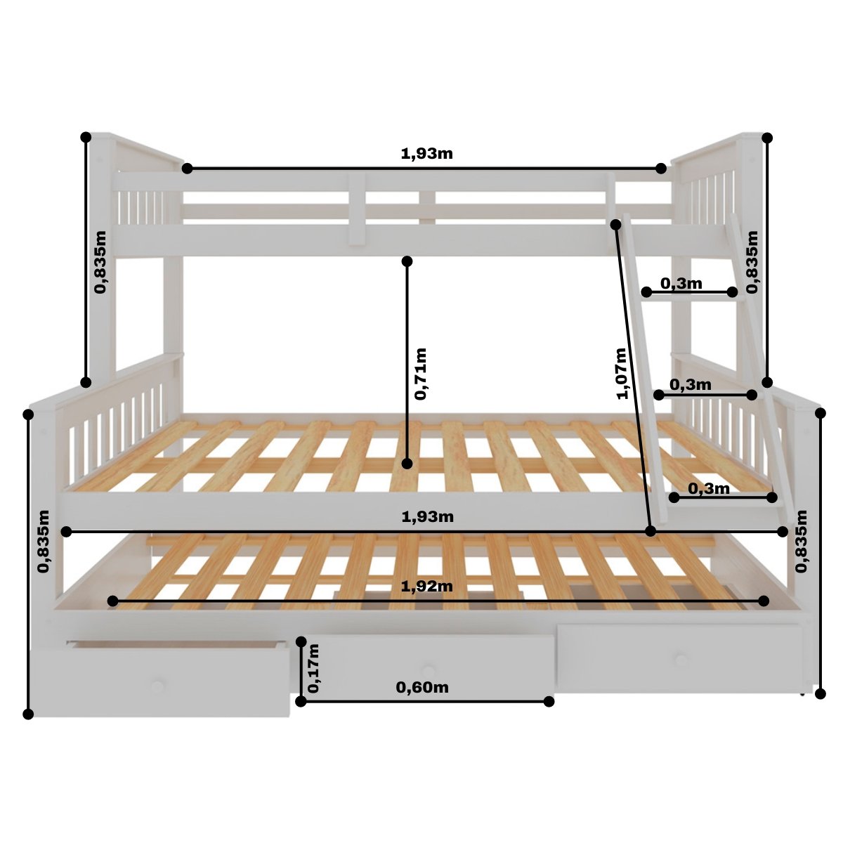 Cama Treliche Madeira com Gavetas Merk - 2 Solteiro + 1 Casal - 6