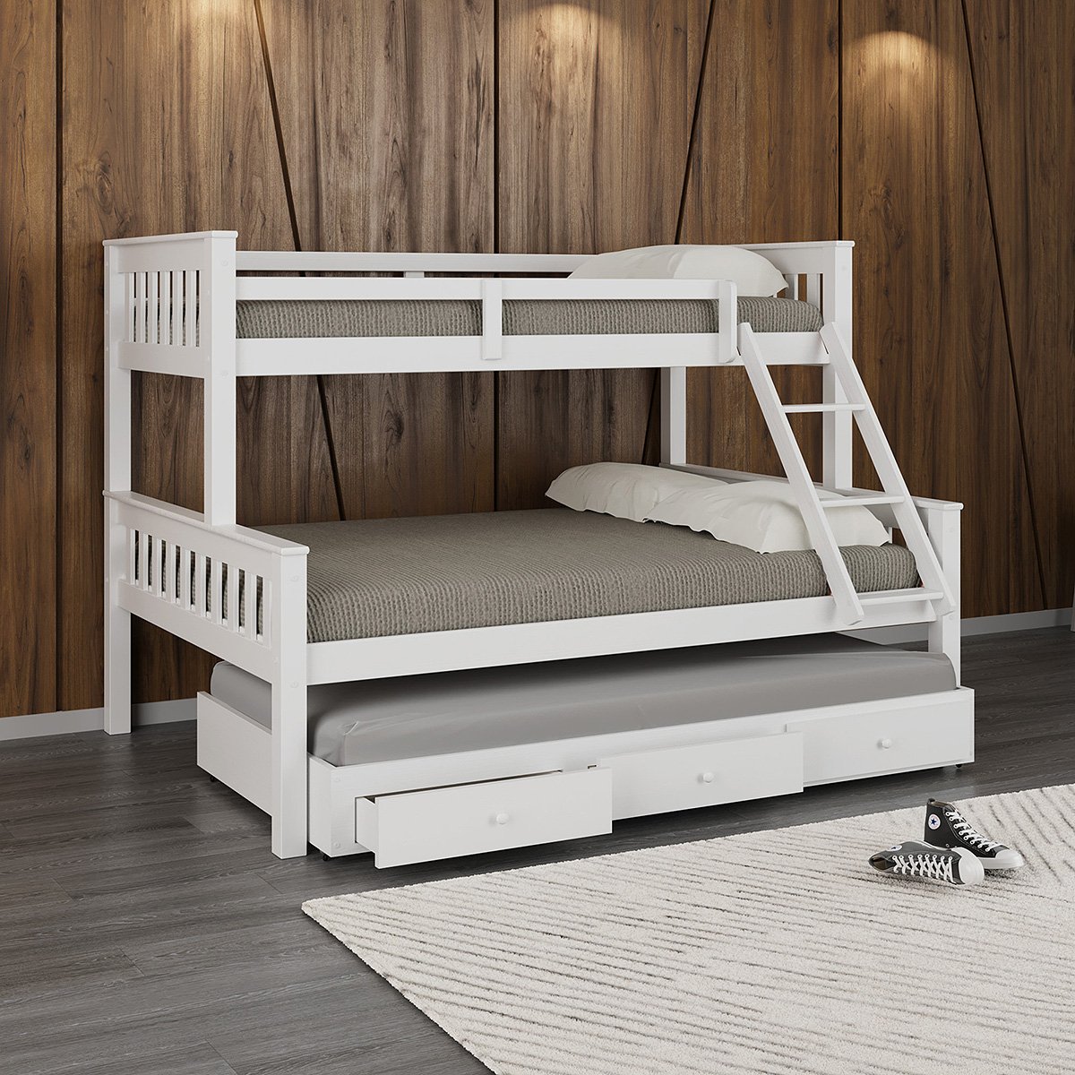 Cama Treliche Madeira com Gavetas Merk - 2 Solteiro + 1 Casal