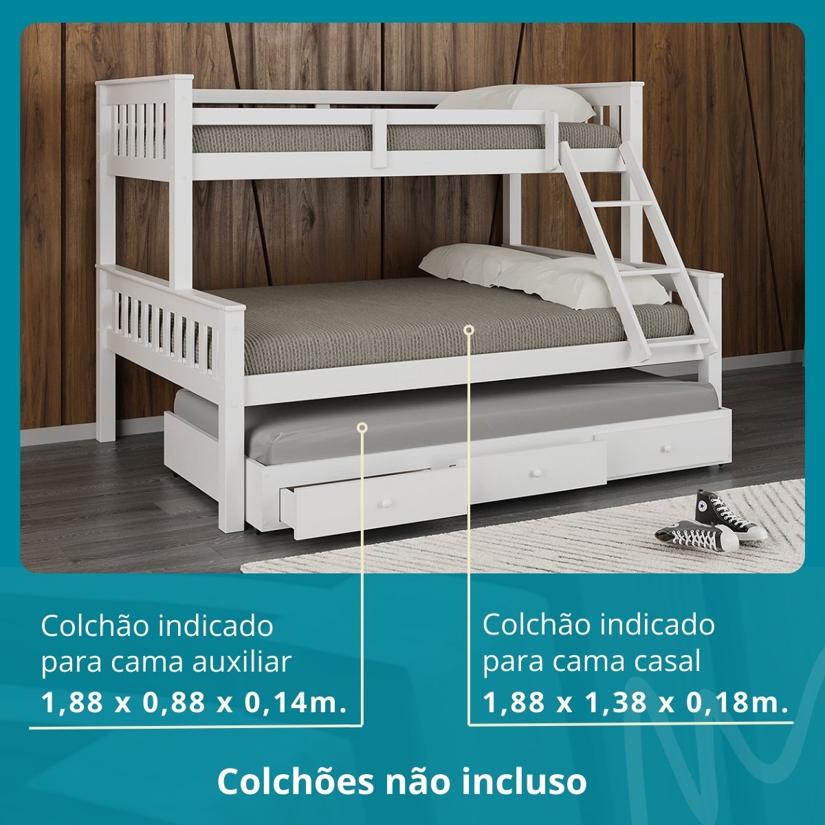 Cama Treliche Madeira com Gavetas Merk - 2 Solteiro + 1 Casal - 4