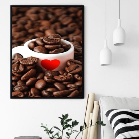 Quadro Decorativo Café Xícara Grãos - 70x50cm:moldura Branca