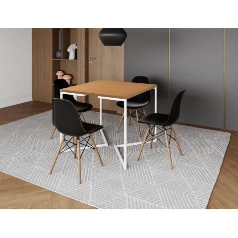 Mesa Industrial Base Ferro Branco em V Tampo 90x90 Canela 4 Cadeiras Eames Madeira Assento Preto