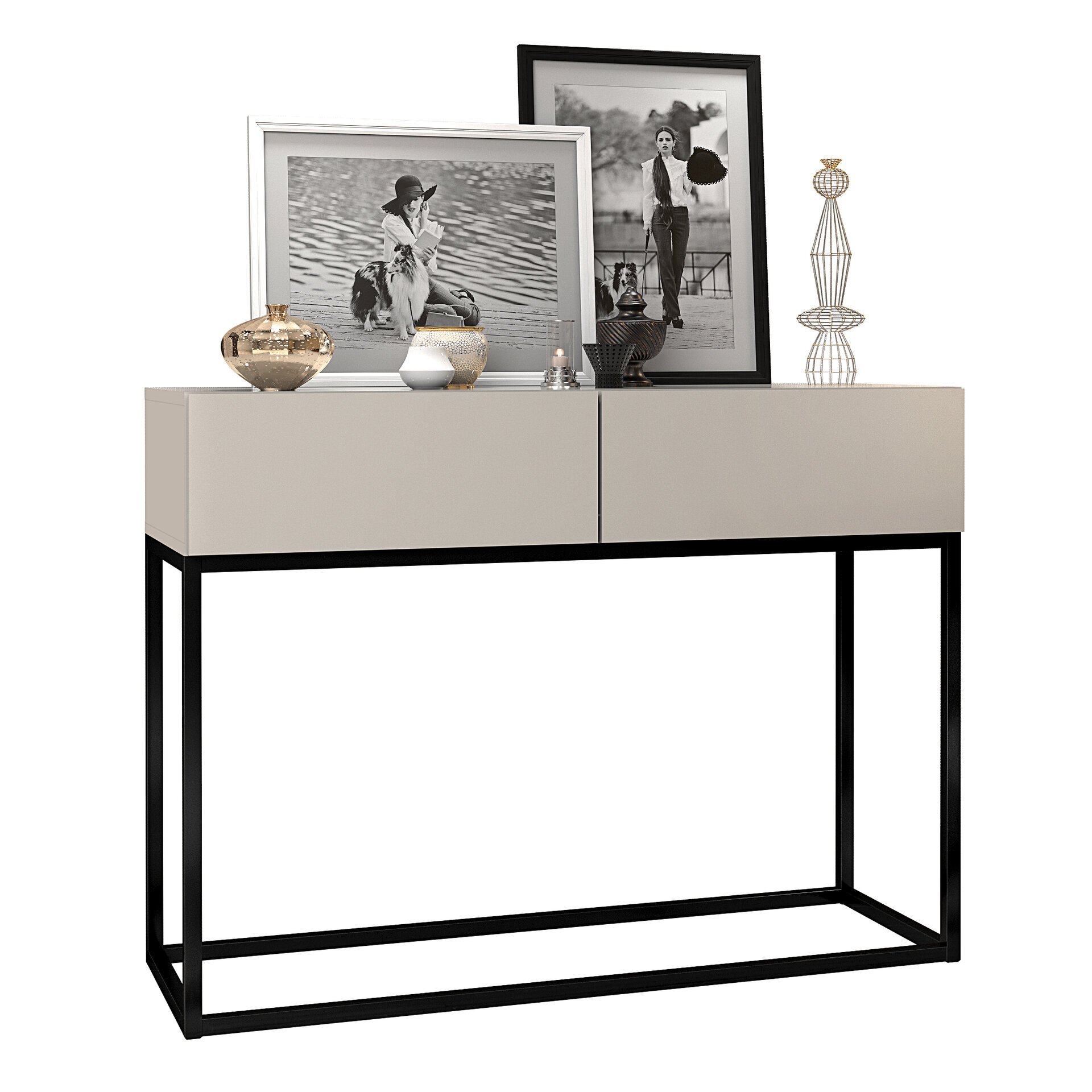 Buffet de 90cm com 2 Gavetas Pes de Ferro Preto Eros Industrial:off White - 2