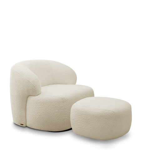 Conjunto Poltrona Base Giratória e Puff Decorativo Charlote Sala de Estar Bouclê Bege G88 - Gran Bel