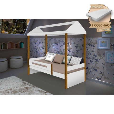 Cama Montessoriana Infantil Sara Solteiro Com Colchão Divaloto - Branco/Amêndoa - Cor: Branco