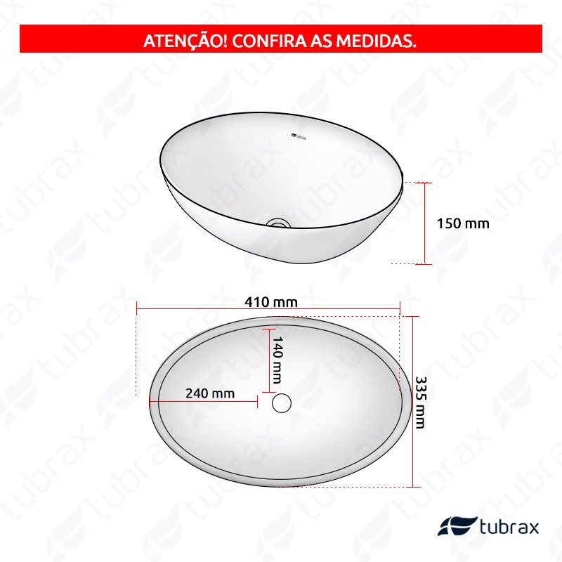 Cuba Banheiro Lavabo Em Louça Branca Sobrepor Oval Tubrax - 3